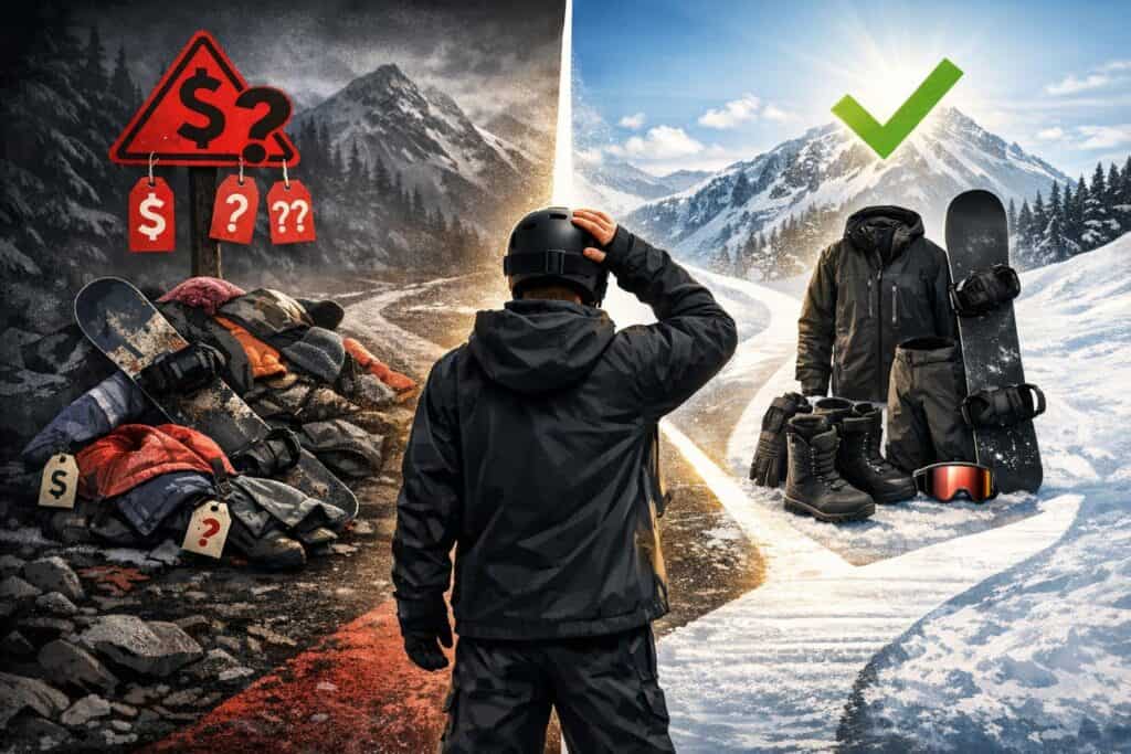 Beginner comparing Burton snowboard gear against cheaper alternatives before a first snowboarding trip