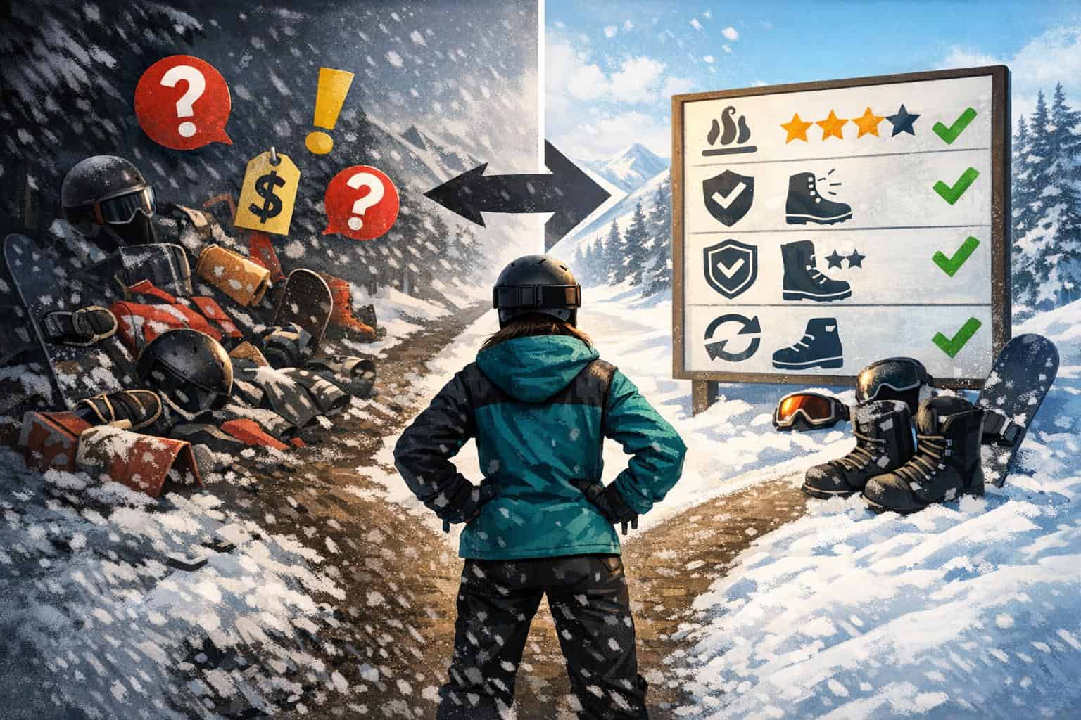Brand Confidence Versus Random Gear Guesswork Beginner comparing established snowboard gear brand quality against random low-cost gear