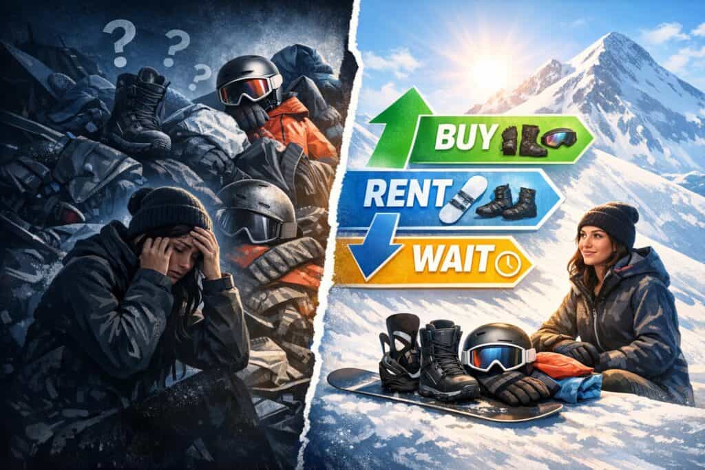 Beginner snowboard gear for women arranged from confusing pile to clear first trip checklist