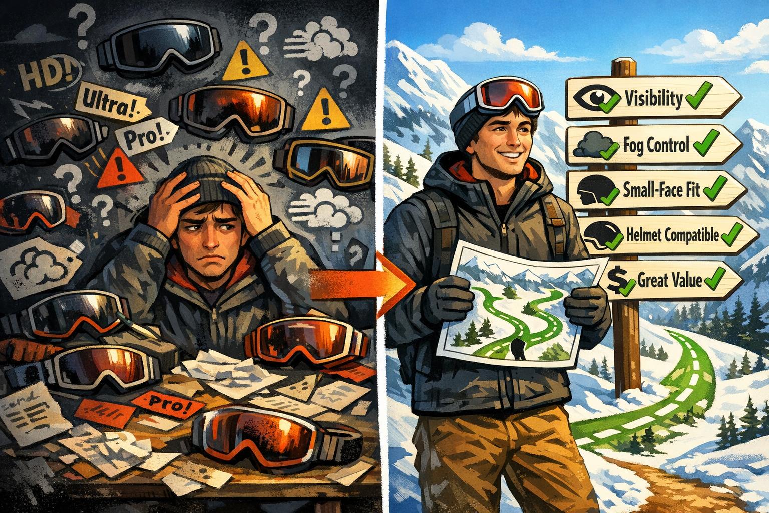 Beginner Snowboard Goggle Scorecard Beginner snowboard goggle decision scorecard for visibility fit fog and value