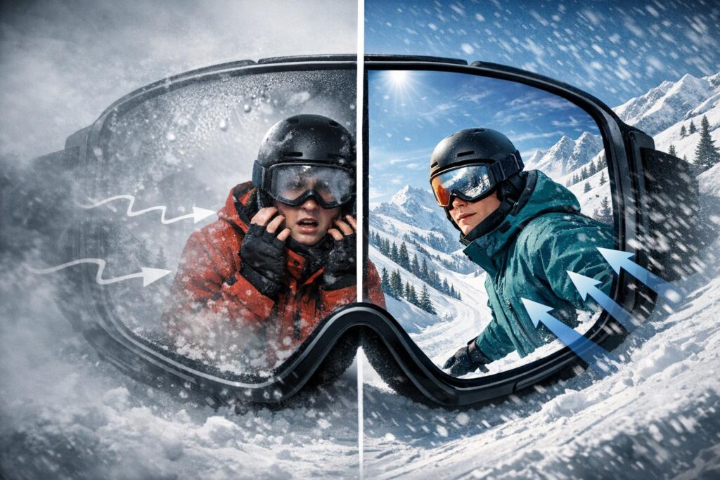 Beginner snowboarder comparing foggy goggles with clear Smith Optics style visibility