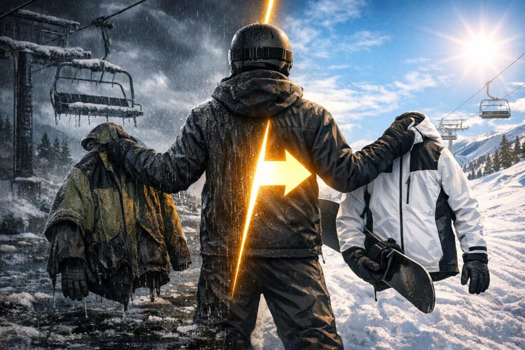 Beginner snowboarder deciding whether Helly Hansen snowboard gear is right for cold wet resort days