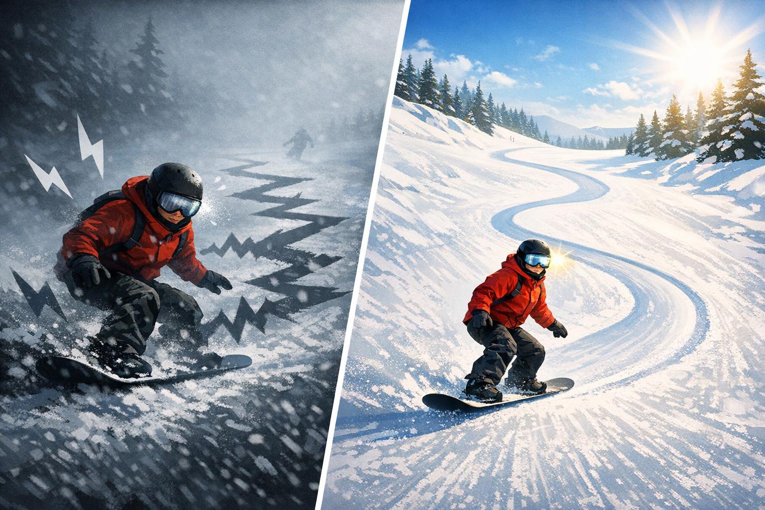 Clear Visibility Payoff for Beginner Snowboarders Beginner snowboarder riding confidently with clear goggles on an easy run