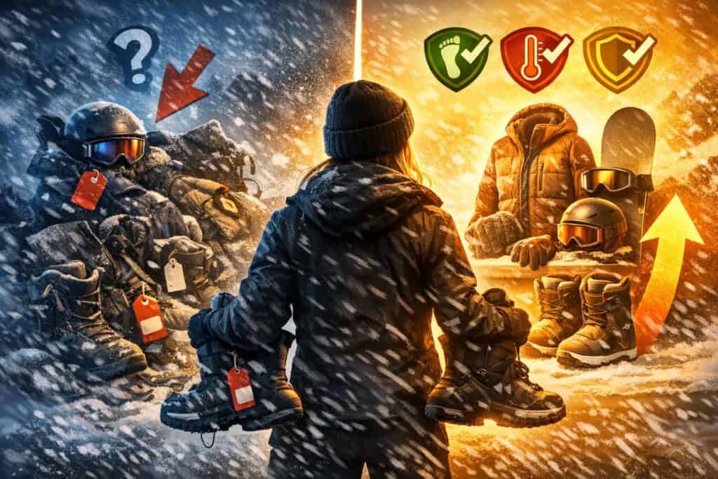 Beginner women snowboard gear decision scene with warm confident rider and chaotic gear choices