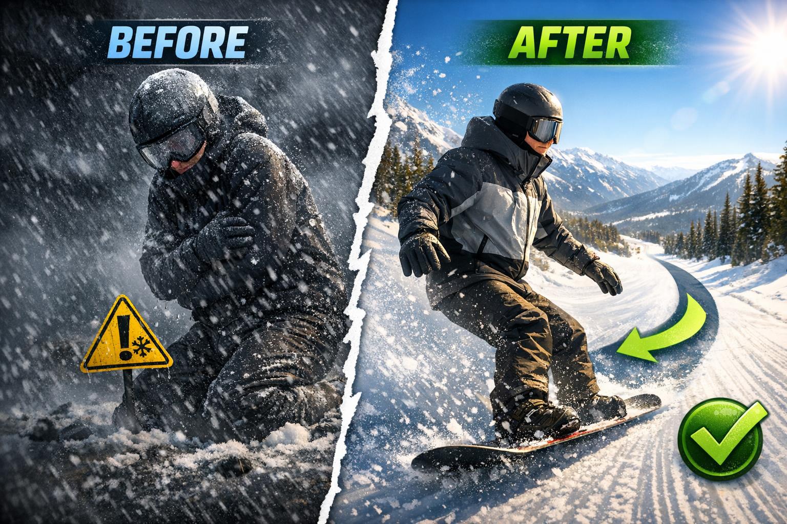 Dry Comfortable Beginner Resort Riding Confident beginner snowboarder staying dry and comfortable on a cold resort day