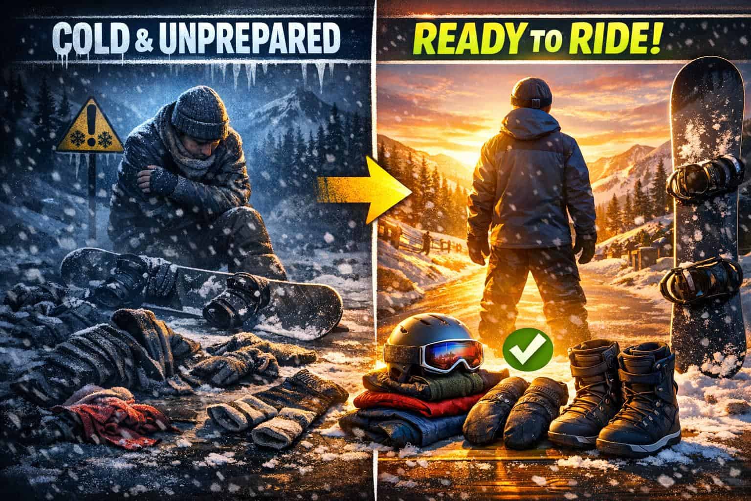 Resort Ready Beginner Snowboard Setup Confident beginner woman snowboarder ready for her first resort day with organized gear