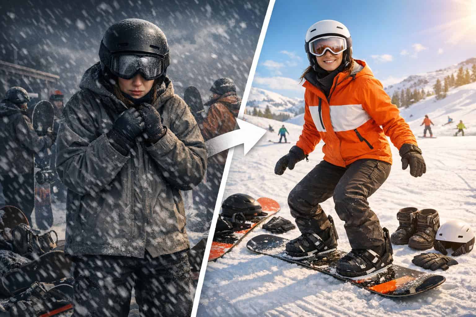 Trip-Ready Beginner Snowboard Confidence Confident beginner woman snowboarder warm and prepared on mountain