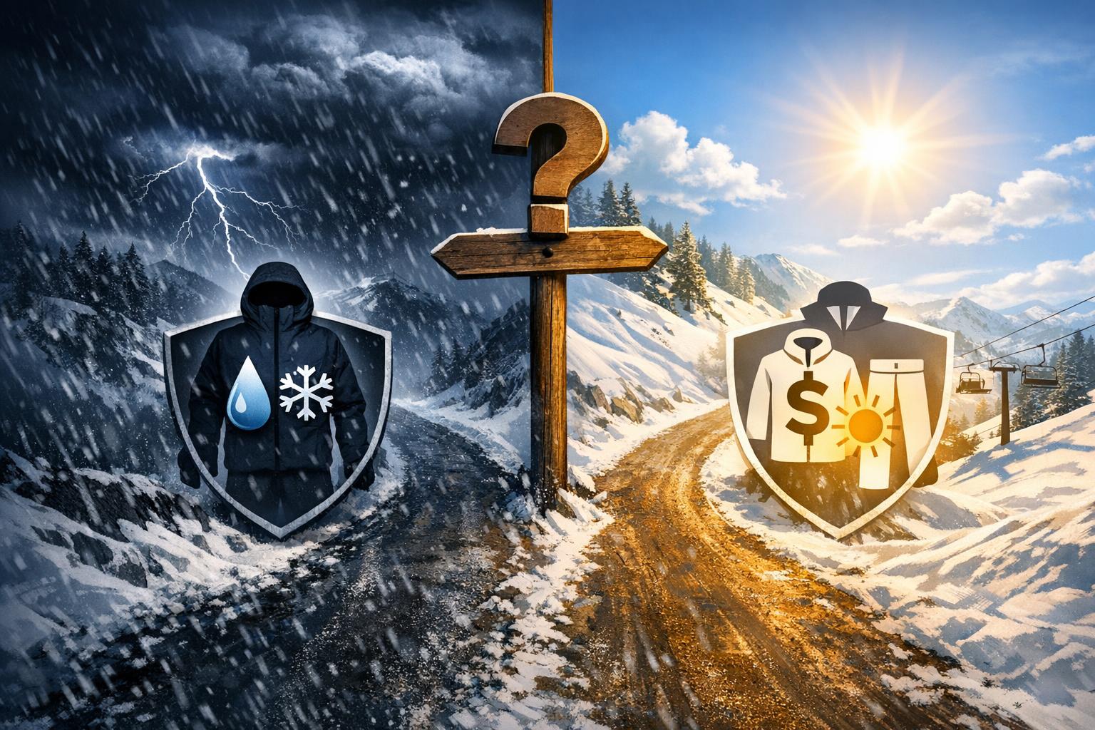 Premium Weather Protection vs Budget Beginner Gear Decision split screen comparing premium weather protection with budget beginner snowboard outerwear
