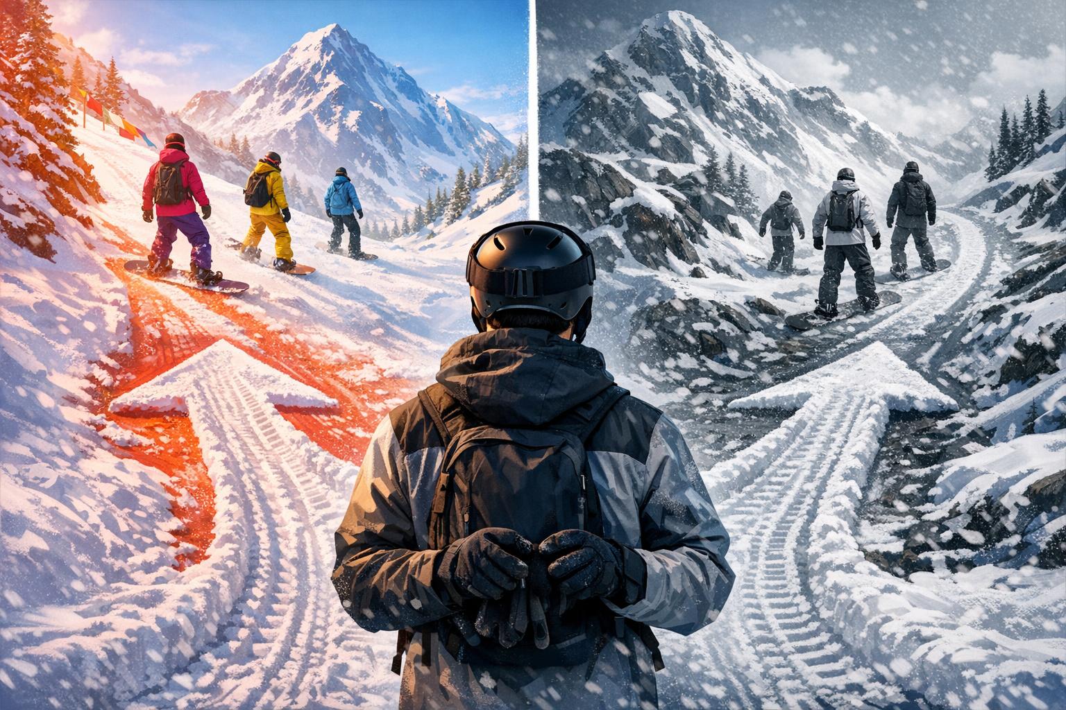 Dope Snow Versus Traditional Beginner Snowboard Gear Decision split screen comparing stylish Dope Snow outerwear with traditional beginner snowboard gear