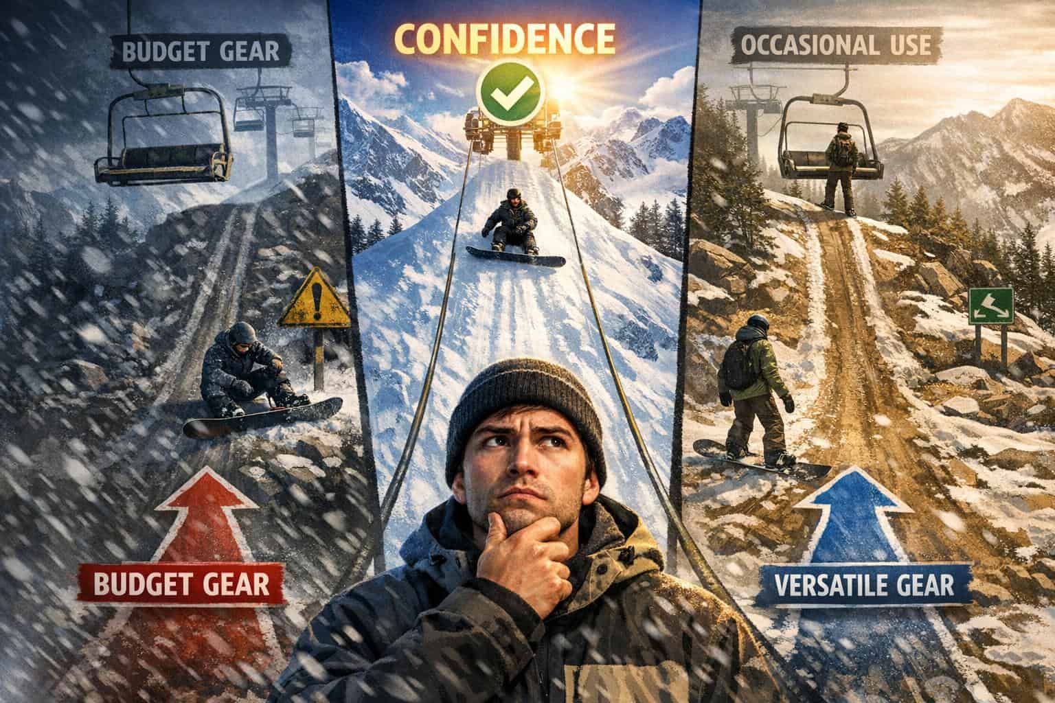 Side by side snowboard gear decision comparing Burton style gear budget gear and outdoor crossover gear