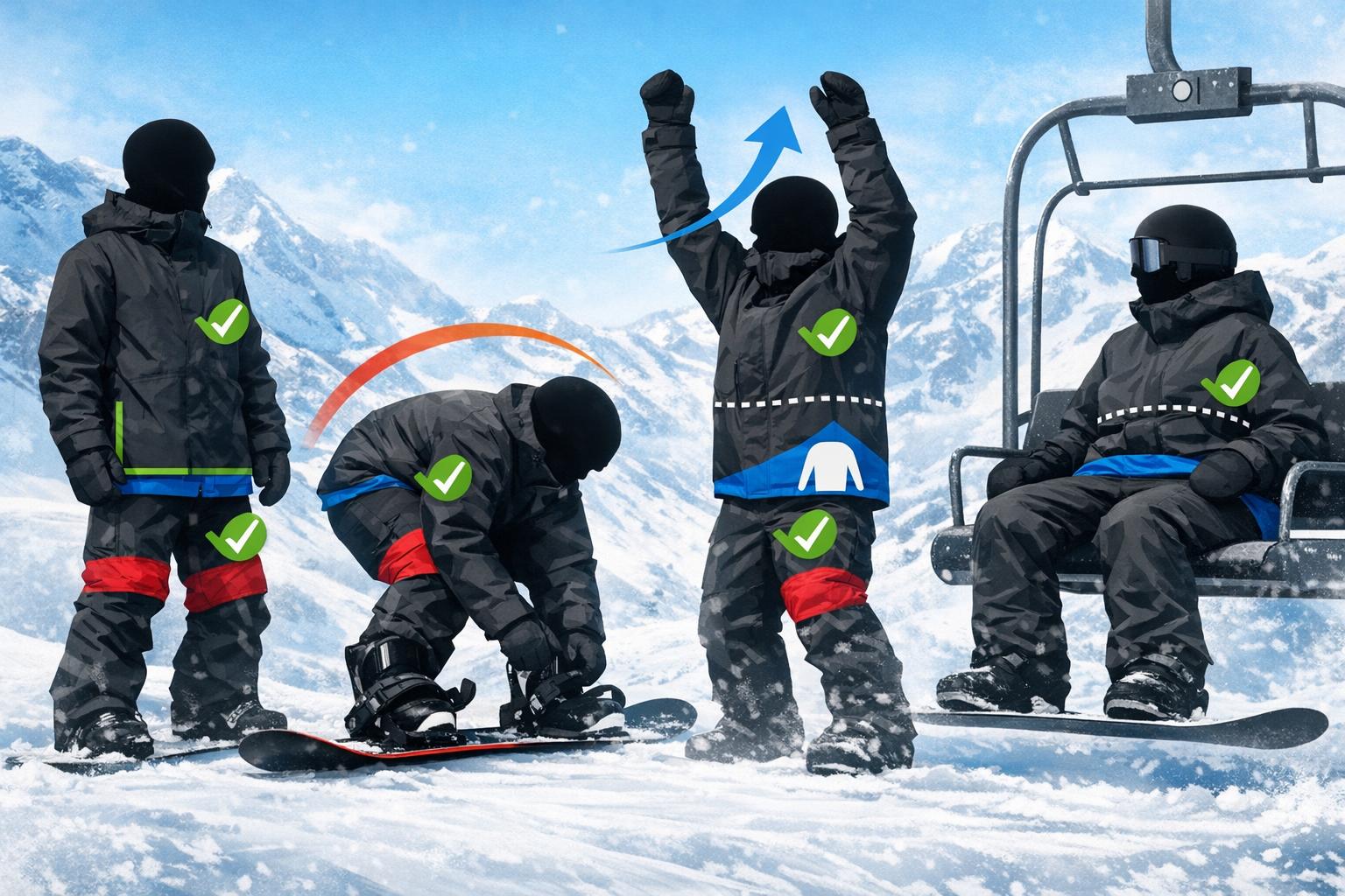 Dope Snow Fit and Layering Decision Checklist Snowboard jacket and pants fit checklist showing mobility and layering considerations