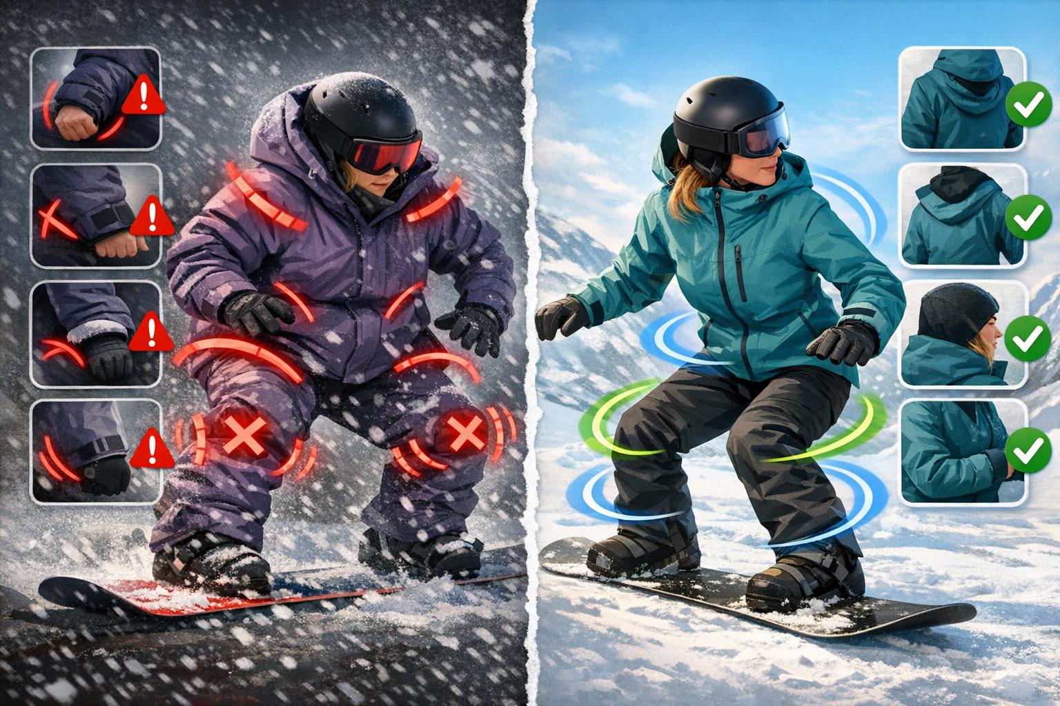 Beginner Snowboard Outerwear Fit Check Snowboard outerwear fit check for women beginners comparing bulky and streamlined gear