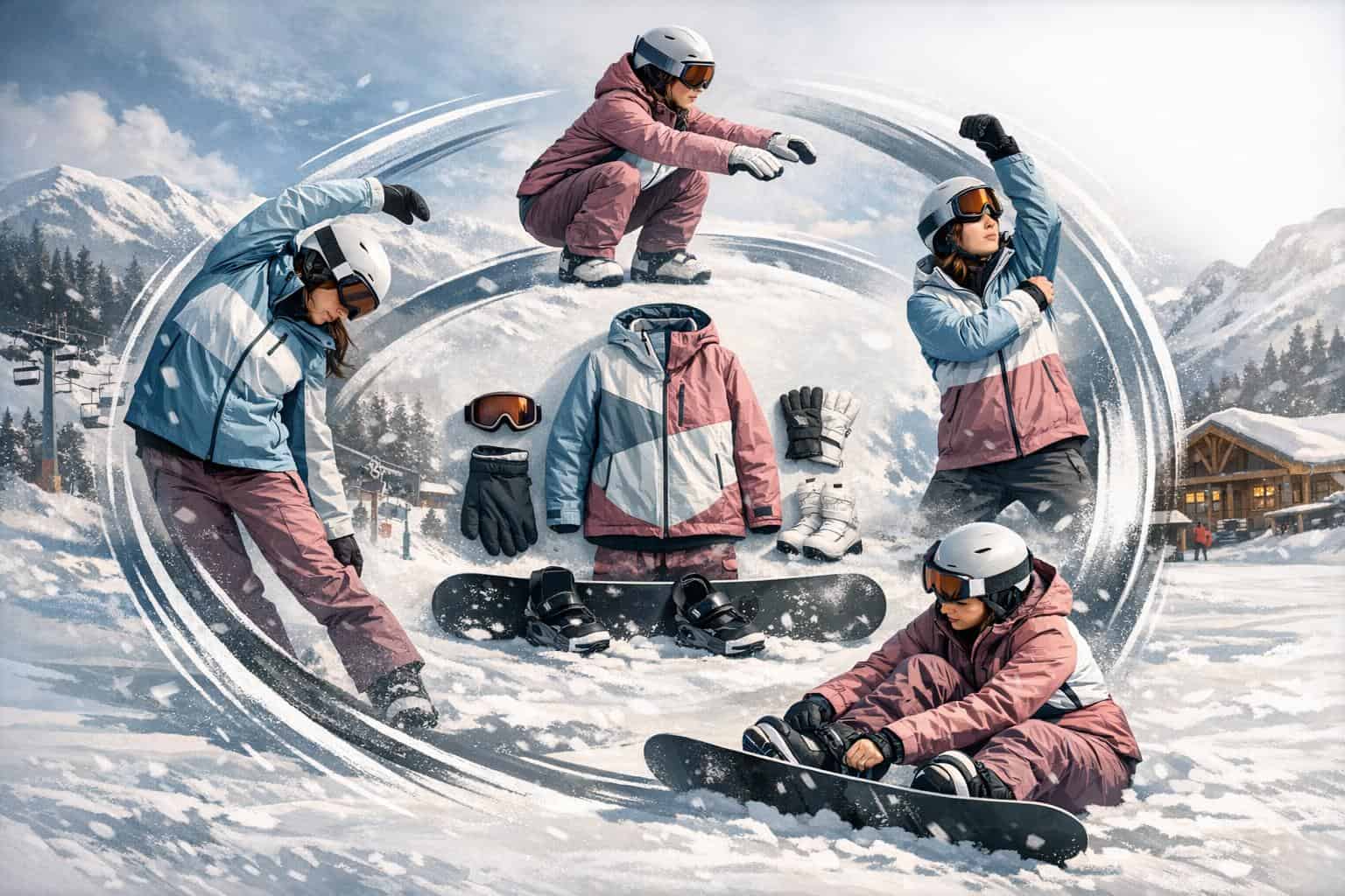 Women beginner snowboarders checking gear fit and mobility before riding