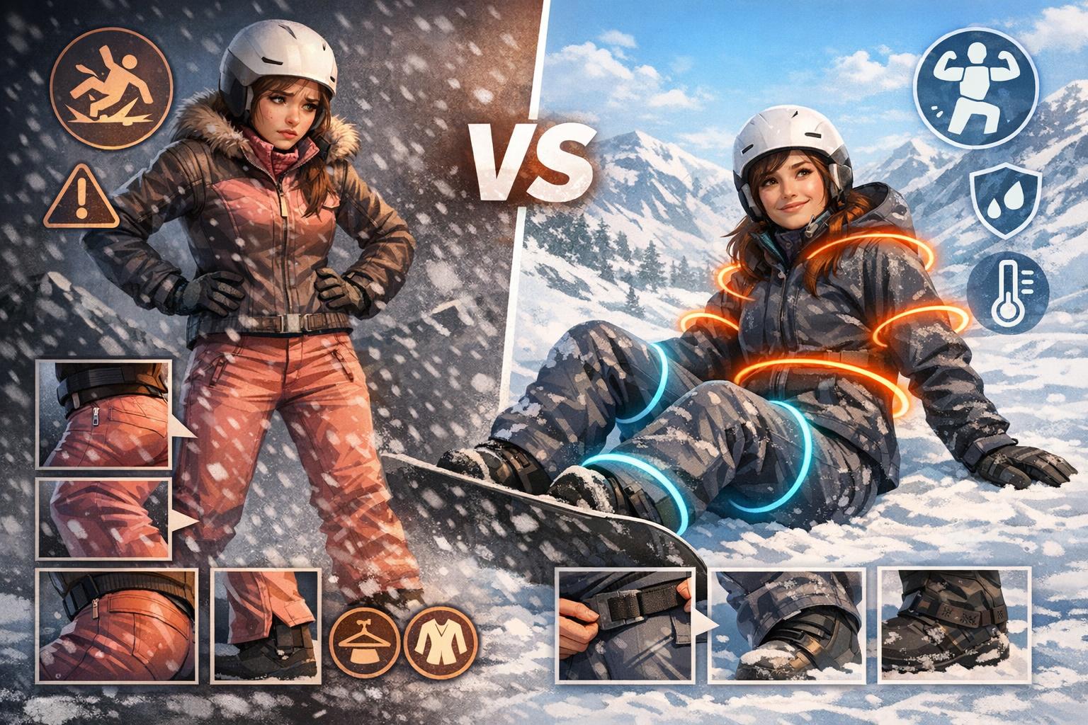 Womens beginner snowboard gear fit and mobility demonstration