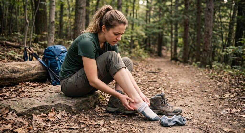 Woman hiker sitting trailside checking her heel for blisters with her boot off