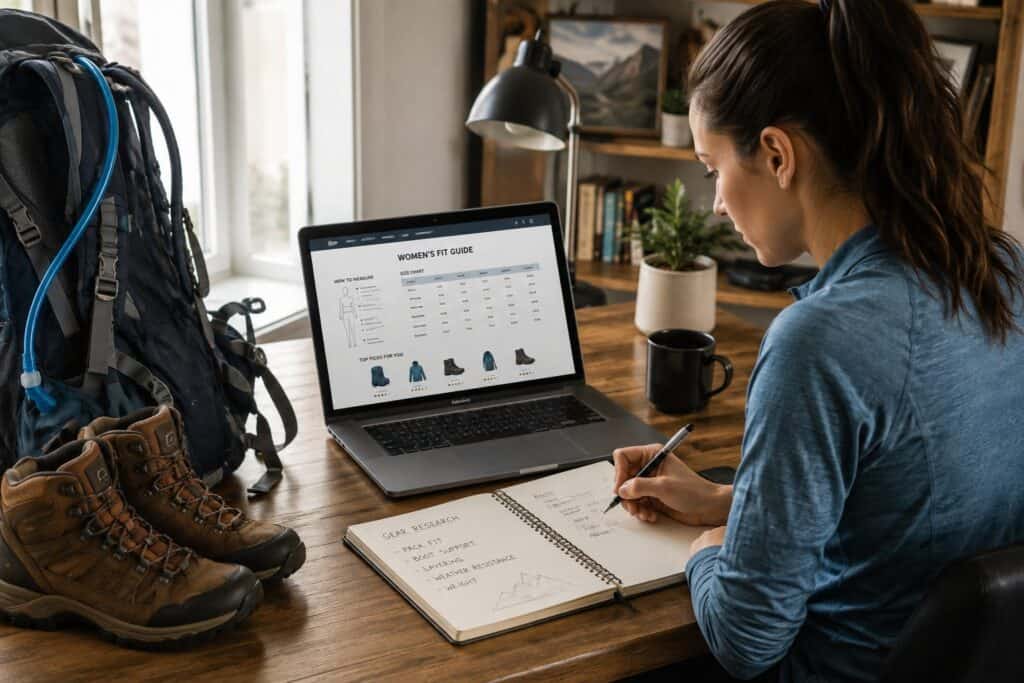 Woman researching a womens fit guide and size charts on her laptop with boots and backpack nearby
