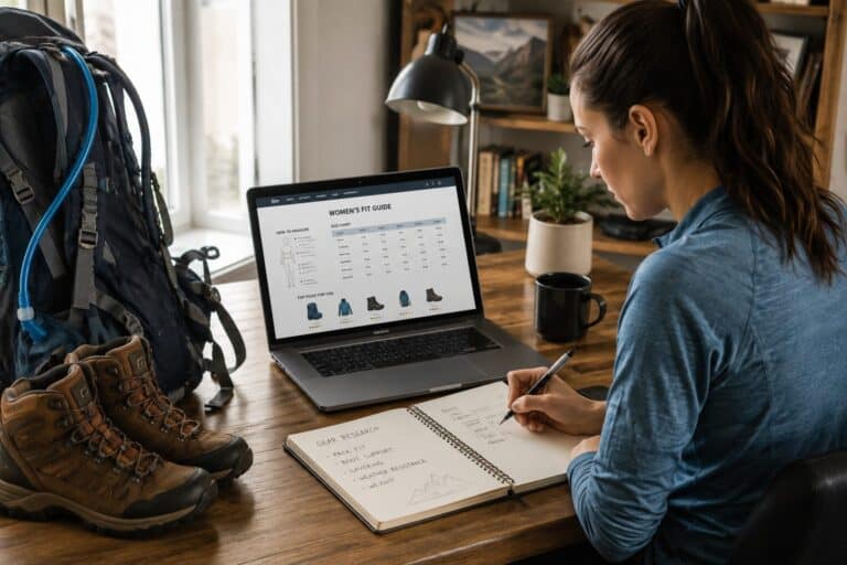 Woman researching a womens fit guide and size charts on her laptop with boots and backpack nearby