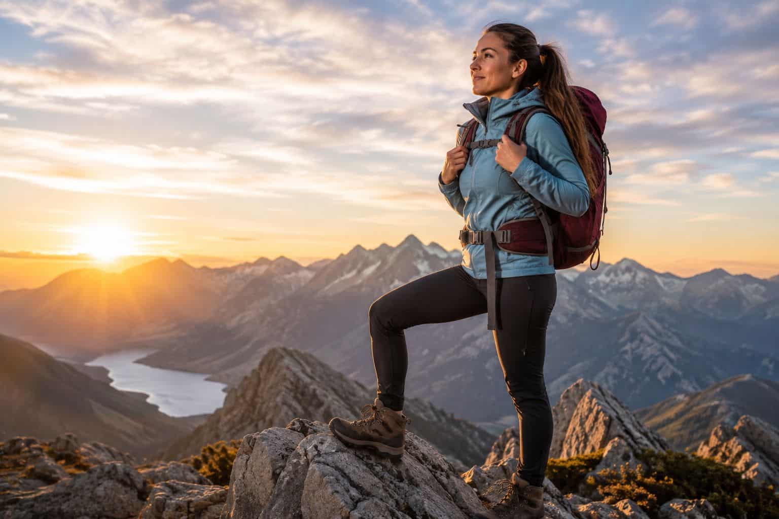 Woman hiker with a well-fitted backpack watching sunrise from a mountain summit