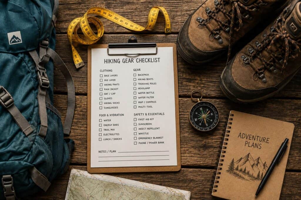 Hiking gear checklist on a clipboard surrounded by boots, backpack, compass, and measuring tape
