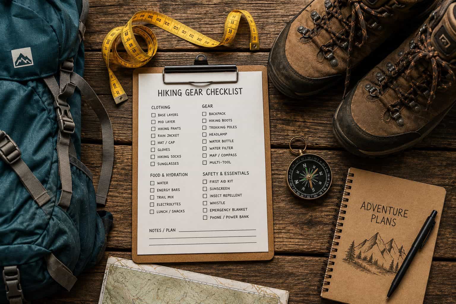 Hiking gear checklist on a clipboard surrounded by boots, backpack, compass, and measuring tape