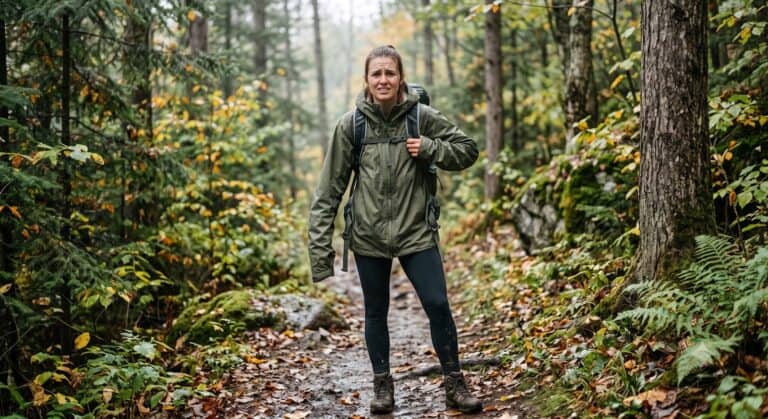 Woman on a wet trail wearing a rain jacket with sleeves far too long for her arms