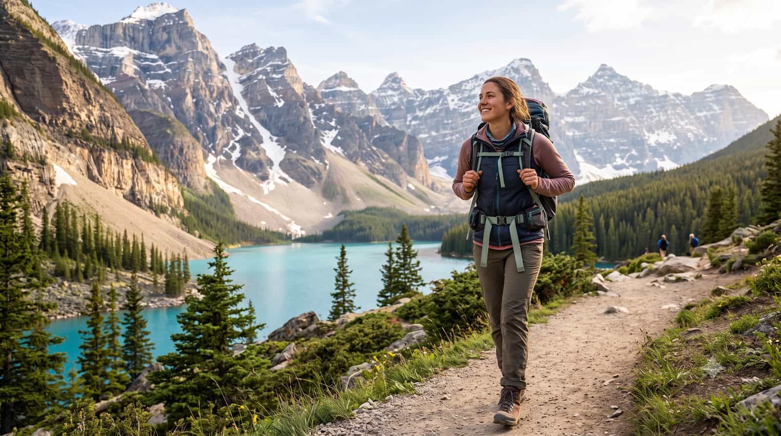 Woman hiking a lakeside mountain trail with a comfortable, well-fitted backpack