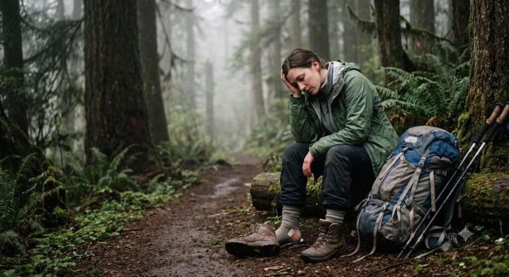 Discouraged hiker resting on a log in a misty forest next to her backpack