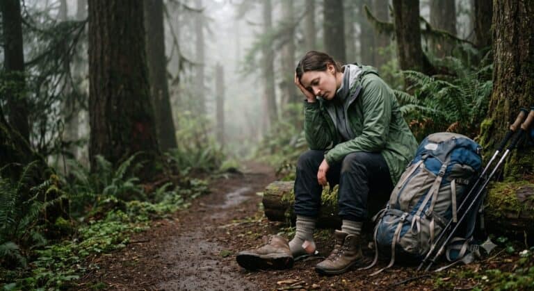 Discouraged hiker resting on a log in a misty forest next to her backpack