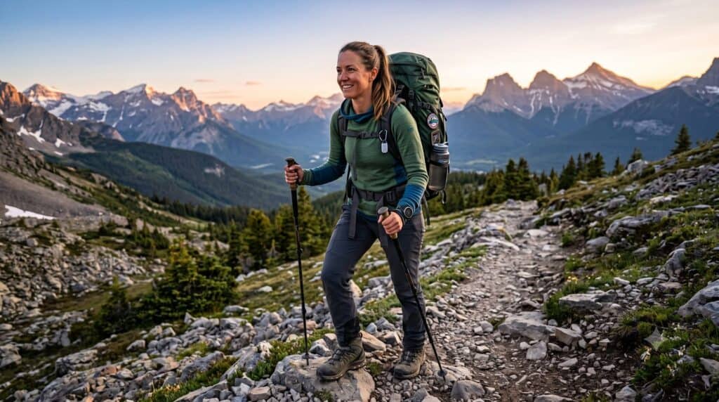 Woman hiking an alpine trail at dusk with trekking poles and a properly fitted pack