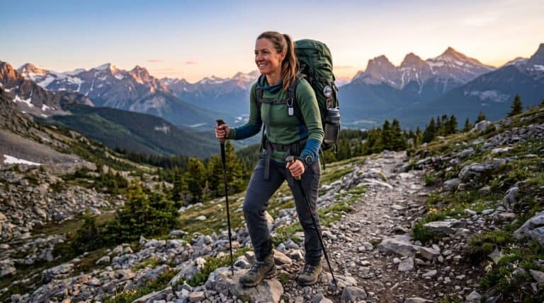 Woman hiking an alpine trail at dusk with trekking poles and a properly fitted pack